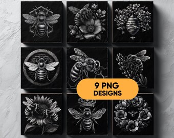 Honey Bee Slate Coaster PNG Bundle, 9 Engraving Files with Bees, Hives & Flowers, Glowforge Laser Burn, Digital Download