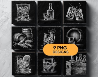 Whisky Engraving Slate Coaster PNG Bundle: 3D Illusion Laser Files, Whiskey Glasses, Barrels & Brew, Glowforge Laser Burn