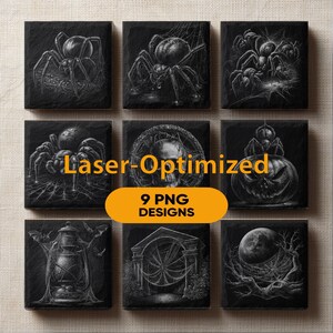 スパイダーウェブ ハロウィン レーザー彫刻 PNG バンドル | 9 つの不気味なスレートコースターデザイン Glowforge xTool | レーザー最適化 PNG ダウンロード