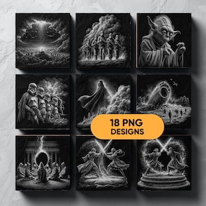 Puede incluir: Nueve impresiones cuadradas en blanco y negro que muestran escenas de una franquicia de ópera espacial. Las impresiones, dispuestas en una cuadrícula de 3x3, presentan personajes y escenarios icónicos. Un óvalo naranja muestra el texto "18 PNG DESIGNS".