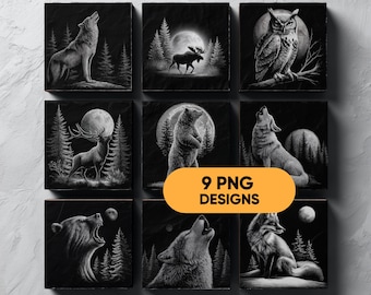 Wildlife Slate Coaster PNG Bundle, 9 Engraving Files with Wolves, Bears, Deer, Elk & Foxes, Laser Engraving SVG for Glowforge, xTool
