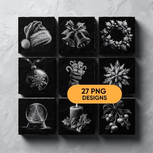 May include: A collection of nine black and white Christmas-themed designs. The designs include a Santa hat, bells, a wreath, an ornament, a stocking, a snowflake, a snow globe, a candle, and a bow with berries. The text "27 PNG DESIGNS" is in an orange oval.