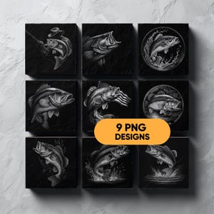 PNG-paket med skifferunderlägg för abborrfiske, 9 gravyrfiler med design av hoppande abborrar, skelettfiskar och sportfiskare, Glowforge laserbränning