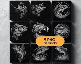 Bass Fishing Slate Coaster PNG Bundle, 9 Engraving Files with Jumping Bass, Skeleton Fish & Angler Designs, Glowforge Laser Burn
