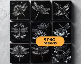 Dragonfly Slate Coaster PNG Bundle, 9 Engraving Files with Dragonflies & Floral Motifs, Glowforge Laser Burn, Digital Download