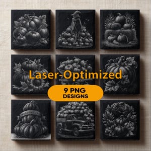 May include: A collection of nine square black and white digital illustrations featuring pumpkins, a scarecrow, a truck, and autumn foliage. The text Laser-Optimized and 9 PNG DESIGNS is overlaid in yellow and orange. Each square displays a detailed harvest scene.