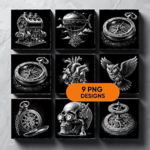 Könnte beinhalten: Neun schwarz-weiße Steampunk-Designs auf quadratischen Leinwänden. Die Designs umfassen eine Maschine, einen Heißluftballon, einen Kompass, ein mechanisches Herz, eine Eule, eine Taschenuhr, einen Schädel und einen Uhrwerkmechanismus. Der Text "9 PNG DESIGNS" befindet sich in einem orangefarbenen Oval.