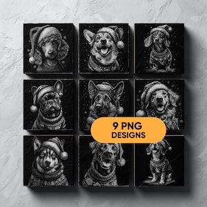 May include: Nine square black and white illustrations of different dog breeds wearing Santa hats and sweaters. The illustrations are in a grayscale style, with a focus on detail. An orange banner with the text "9 PNG DESIGNS" is in the center.