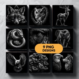 May include: Nine black and white animal designs on square tiles. The images include a fox, owl, deer, dragon, gorilla, elephant, eagle, chameleons, and a wolf. The text "9 PNG DESIGNS" is in a yellow oval.