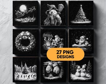 May include: Nine black and white square designs with Christmas themes. Images include Santa Claus, a snowman, a Christmas tree, a wreath, and Santa's sleigh. The text "27 PNG DESIGNS" is in a yellow oval.