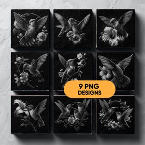 May include: Nine black and white hummingbird designs. Each square tile features a different hummingbird illustration with flowers. The text "9 PNG DESIGNS" is in an orange rectangle.