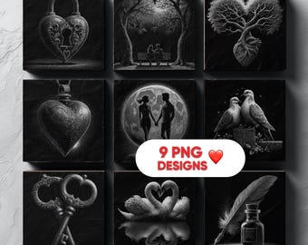 May include: Nine black and white PNG designs featuring romantic themes. Images include a heart-shaped lock, a couple on a bench, a heart-shaped tree, a heart pendant, a couple holding hands, doves, keys, swans, and a quill with ink.