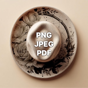 Op de afbeelding: Een beige fedora-hoed met een bloemenpatroon en de tekst "PNG JPEG PDF". De hoed heeft een dromenvanger-ontwerp en is versierd met rozen en bladeren. De hoed is neutraal van kleur en heeft een brede rand.