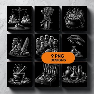 Könnte beinhalten: Neun schwarz-weiße PNG-Designs mit Apotheken- und Hexenmotiven. Bilder zeigen Waagen, Kräuter, Tränke, einen Kessel, einen Mörser und Stößel sowie eine Holzkiste mit Fläschchen. Der Text "9 PNG DESIGNS" befindet sich in einem orangefarbenen Rechteck.