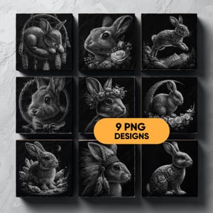 May include: Nine black and white square designs featuring detailed illustrations of rabbits. The rabbits are depicted in various poses, some with floral accents and dream catchers. The text "9 PNG DESIGNS" is displayed on an orange oval.