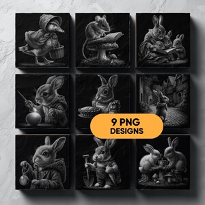 May include: Nine black and white illustrations of anthropomorphic animals, including a duck, a mouse, and several rabbits. The rabbits are depicted in various scenes, such as reading, baking, and holding a pocket watch. The text "9 PNG DESIGNS" is in a yellow oval.
