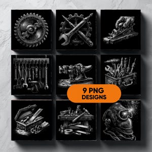 May include: Nine black and white square designs featuring tools and machinery. Images include a gear, wrench, and drill. The text "9 PNG DESIGNS" is in an orange oval.