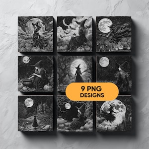 May include: Nine square PNG designs featuring black and white illustrations of witches in various scenes. Each design includes a witch with a pointed hat, pumpkins, and a full moon, perfect for Halloween.
