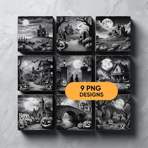 May include: Nine black and white Halloween-themed designs. Each square features a spooky scene with pumpkins, haunted houses, full moons, and bats. The text "9 PNG DESIGNS" is in a yellow oval.