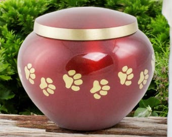 Ruby Red Brass Pet Urn with Paw Prints | Engraved Memorial
