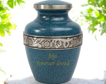 Extra Small Evening Blue Cremation Urn with Floral Accents | Traditional Pet Urn