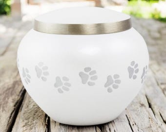 Pearl White Brass Pet Urn | Paw Print Design, Personalized