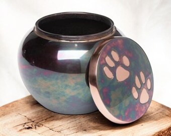 Personalized Brass Pet Urn | Raku Finish Paw Print Cremation Keepsake