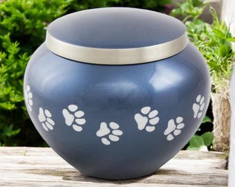 Midnight Blue Brass Pet Urn | Pewter Paw Prints, Engravable
