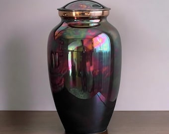 Full-Size Iridescent Raku Urn with Bronze Band | Human Memorial Raku Urn