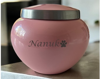Pink Pet Cremation Urn | Engravable Aluminum Urn with Pewter Accent