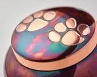 Personalized Brass Pet Urn | Raku Finish Paw Print Cremation Keepsake