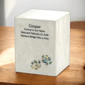 Personalized White Marble with Pearl Paw Inlays Cremation Urn | Pet Cremation Urn | Loss of Pet | Personalized Pet Urn