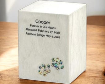 Personalized White Marble Pet Cremation Urn | Pearl Paw Inlays
