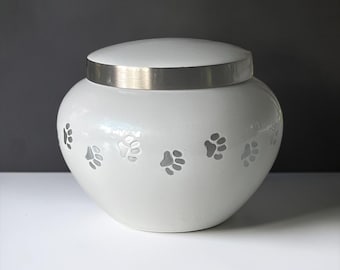 Pearl White Brass Pet Urn | Paw Print Design, Personalized