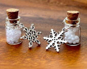 Snowflake Charm Necklaces | Miniature Charm Bottles with Faux Snow and Silver Snowflake Charm | Winter Holiday Jewelry | Christmas Gifts