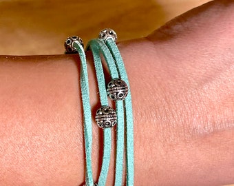 Mint Green Faux Suede Wrap Boho Infinity Bracelet with Silver Decorative Beads | Adjustable Wrap Jewelry | Country Girl | Natural | Summer