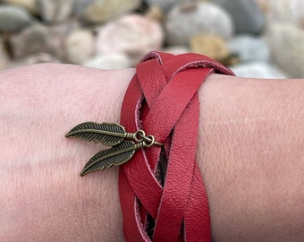 Red Leather Infinity Braided Cuff Bracelet With Bronze Feathers | Country Jewelry | Red Jewelry | Leather Jewelry | Boho Bracelet | Soft