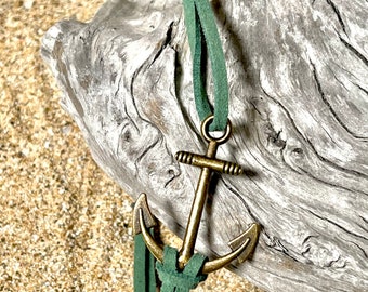 Green Faux Suede Bracelet with Bronze Anchor Charm | Beachy Jewelry | Ocean Inspired | Boho Bracelet | Gifts for Him or Her