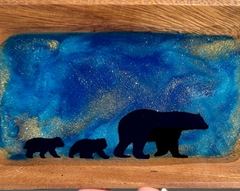 Wooden Trinket Tray with Momma and Baby bears | Blue and Gold Sky | Decorative Rustic Decor | Handmade with Resin | Food Safe