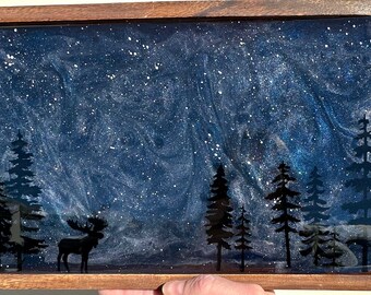 Wooden Nightscape with Moose and Trees Resin Tray | Home Decor | Mountain Decor | Nature Decor | Resin Art | Food safe | Silhouette Art