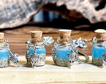 Miniature Bottle Charm Necklaces with Sand Resin and Turtles | Beach Jewelry | Ocean Inspired | Handmade Necklace | Whimsical Jewelry