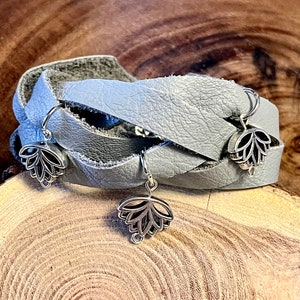 Gray Leather Infinity Braided Cuff Bracelet with Lotus Charms Natural Jewelry Bohemian Style Lotus Flower Jewelry Soft Leather image 2