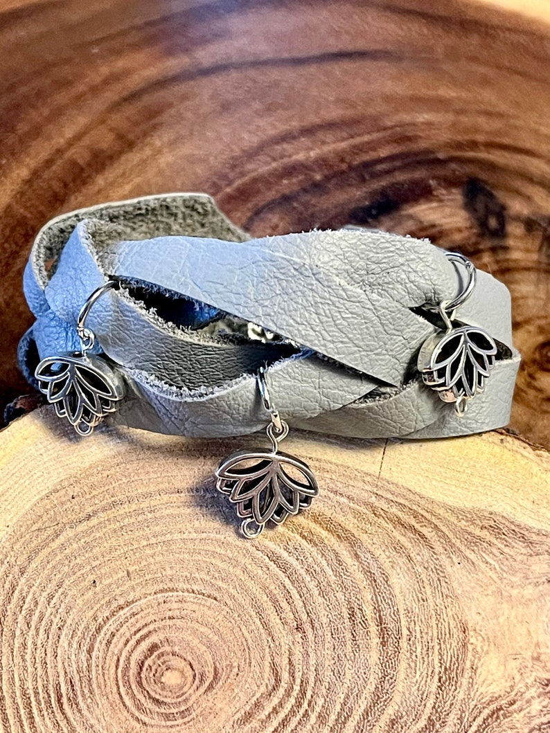 Gray Leather Infinity Braided Cuff Bracelet with Lotus Charms Natural Jewelry Bohemian Style Lotus Flower Jewelry Soft Leather image 2