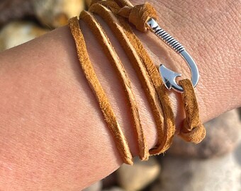 Suede Wrap Bracelet with Fish Hook | Boho Jewelry | Silver and Bronze Charms | Mountain Inspired | Country Chic | Nautical Bracelet