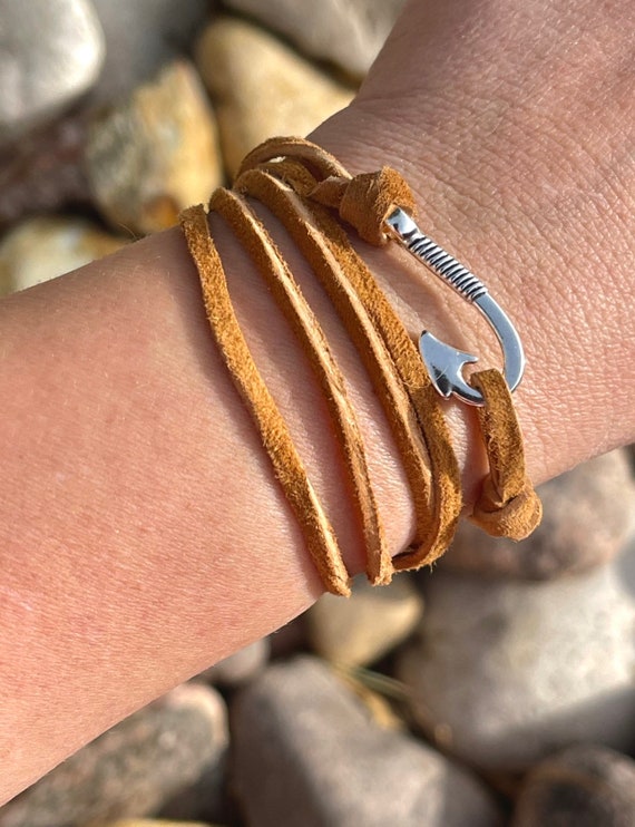 Suede Wrap Bracelet With Fish Hook Boho Jewelry Silver and Bronze