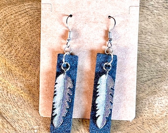 Silver Feather and Natural Grey Leather Dangle Earrings | Boho Jewelry | Country Girl | Mountain Inspired | Gift Ideas