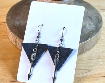 Leather Dangle Earrings with Arrows | Natural Grey Jewelry | Boho Inspired | Country Earrings | Gifts | One of a Kind | Arrow Jewelry