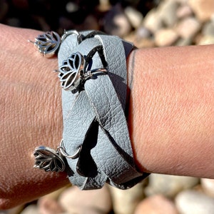 Gray Leather Infinity Braided Cuff Bracelet with Lotus Charms Natural Jewelry Bohemian Style Lotus Flower Jewelry Soft Leather image 1