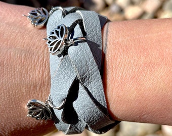 Gray Leather Infinity Braided Cuff Bracelet with Lotus Charms | Natural Jewelry | Bohemian Style | Lotus Flower Jewelry | Soft Leather