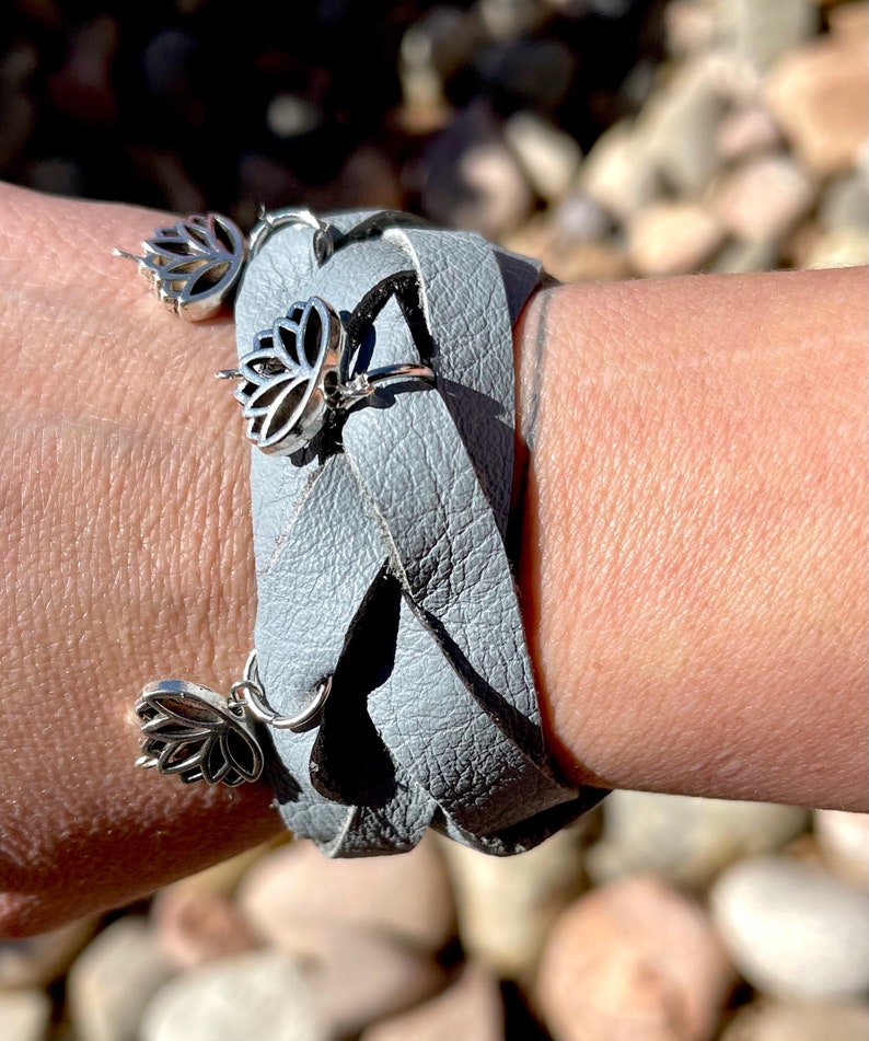 Gray Leather Infinity Braided Cuff Bracelet with Lotus Charms Natural Jewelry Bohemian Style Lotus Flower Jewelry Soft Leather image 1